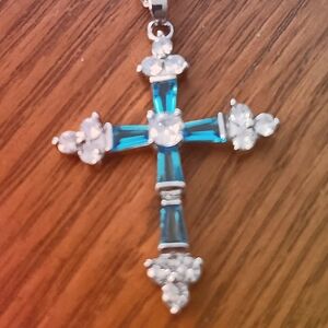 Aqua Cross Pendant Trapezoid CZ Stones in Silver plated Chain